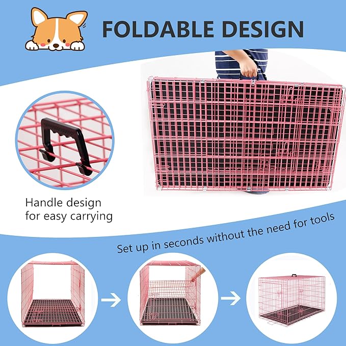 FDW 30 inch Dog Crate Dog Kennel Cage with Double Door Folding Metal Wire Dog Cage with Removable Tray&Divider Panel,Pet Crate for Medium Dogs,Pink