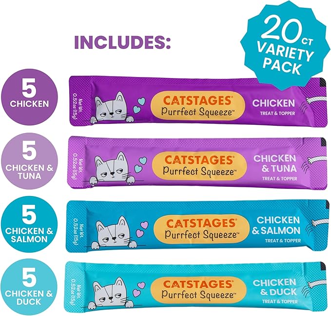 Catstages Purrfect Squeeze Lickable Cat Treats, Creamy Purée Squeezable Treat & Topper, 0.5 oz Tubes, 20-Count, 4-Flavor Variety Pack