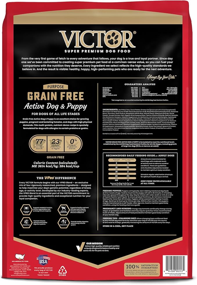 VICTOR Super Premium Dog Food – High Protein Grain Free Active Dog & Puppy Kibble – Dry Food with 33% Protein, Gluten-Free - Premium Beef, Pork, Fish Meals for High Energy Dogs, 15lbs