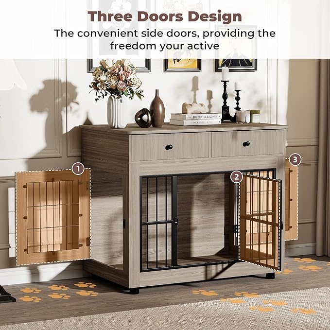 40 inch Dog Crate Furniture-Farmhouse Dog Kennel with Drawers-Heavy Duty End Table Wooden Pet Crate, Decorative Dog House Indoor for Small Medium Large Dog, Oak Grey