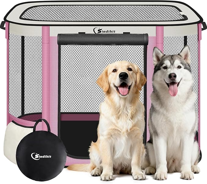 Siedihit Dog Cat Playpen Crate with Washable Pee Pad, Reinforced Durable Dog Cage, Portable Foldable Pet Kennel with Breathable Visibility (Pink, Extra Large)