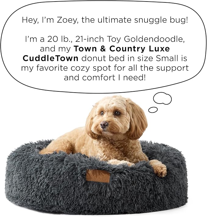 Town & Country Luxe CuddleTown Fuzzy Solid Donut Pet Bed, Soft, Cozy & Calming, Non-Slip Bottom, 100% Machine Washable, Dark Grey, Small 24"x24"x7" Round