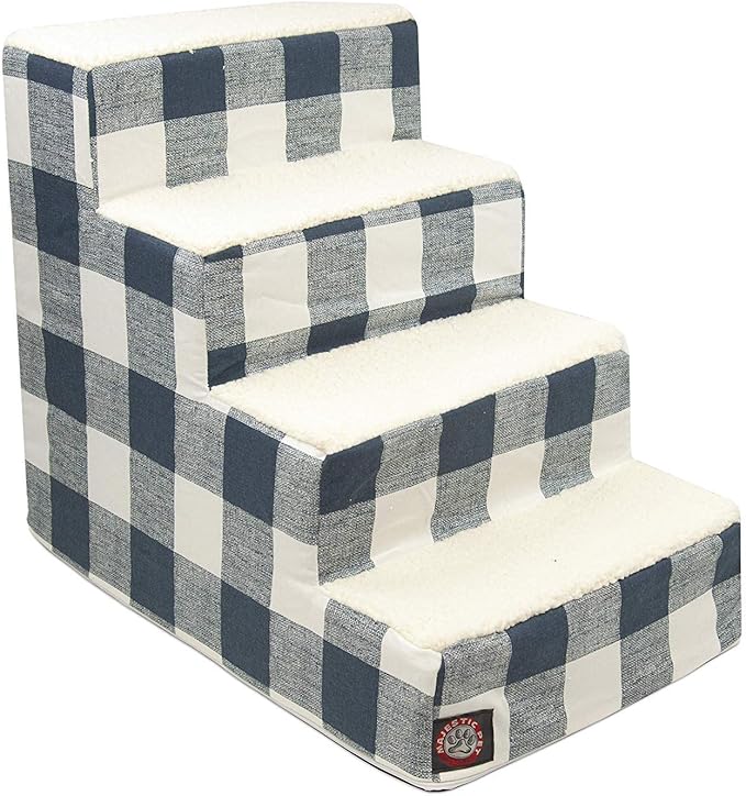 Majestic Pet 4 Step Portable Dog Stairs for Small Dogs to get on Bed Supports 250 lbs or Less – Dog Steps for High Bed with Machine Washable Cover –Pet Stairs for Cats Anderson Check Navy Blue
