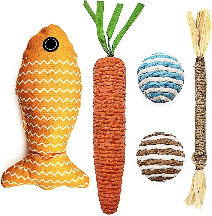 Tipmant Pet Cat Teaser Interactive Toy Kitten Kitty Teeth Molar Kit Contains 1 Catnip Fish, 1 Carrot, 1 Chew Stick, 2 Balls