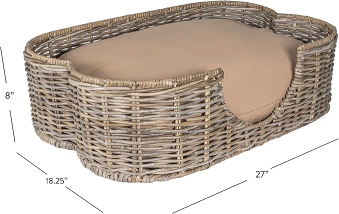 DBD1002A Scallop 27" x 18.25" Tropical Handwoven Rattan Dog Bed with Machine Washable Cushion, Kubu Gray