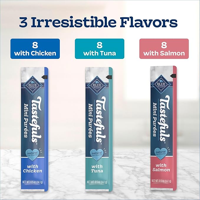 Blue Buffalo Tastefuls Mini Purées Natural Cat Treats, Chicken, Tuna, Salmon Variety Pack, 0.5 oz. Single Servings, 24-Count
