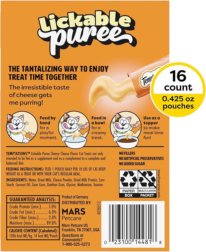 Temptations Creamy Puree Squeezable Lickable Cat Treats, Wet Cat Treats with Cheese, 0.42 oz. Tubes, 16 Count