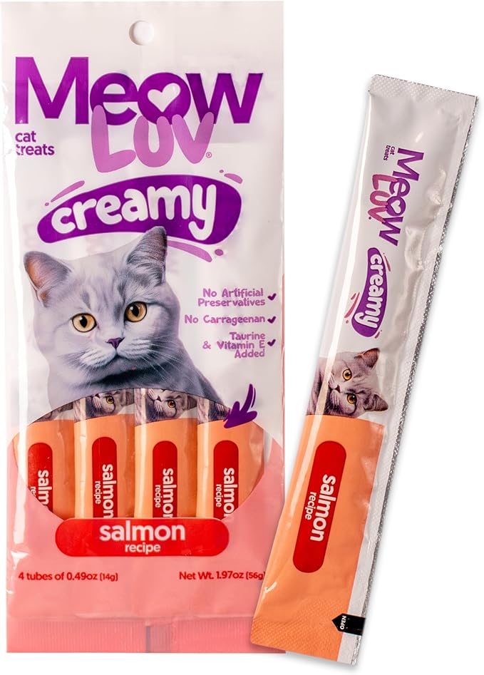 Ultra Chewy Meow Luv Lickable Cat Treats — Salmon Flavor Squeeze Tubes — Carrageenan Free, No Artificial Preservatives — Prebiotic Fiber, L-Taurine & Milk Thistle — 0.5 oz Tubes, Pack of 5