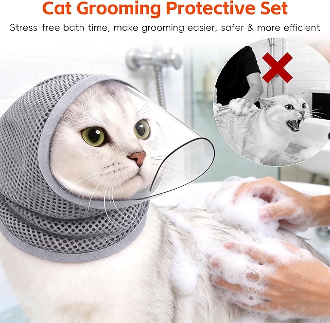 Adjustable Cat Muzzle for Grooming & Biting Prevention, Upgrade Kitten Head Cover,Breathable Anti-Bite Cat Mask with 4 Anti-Scratch Gloves Boots Silicone Shoes for Nail Trim Bath Vet Visit (Grey, S)
