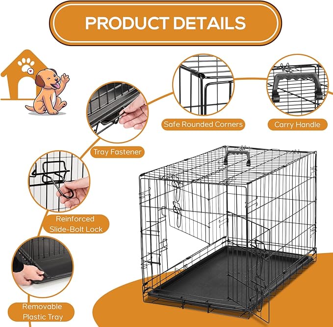 Dog Crate, 47 Inch Extra Large Wire Kennel with Divider Panel, Metal Cages with Double Door, Leak-Proof Pan Tray, Folding Portable for Indoor Outdoor Travel