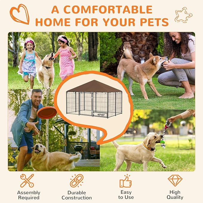 PawHut Outside Dog Kennel, 6.9' x 4.6' x 5' Puppy Play Pen w/Canopy, Secure Lock, Heavy Duty Welded Wire Steel, Rotating Bowl, Garden Playpen Fence Crate Enclosure Cage for Dogs Chickens Ducks, Black