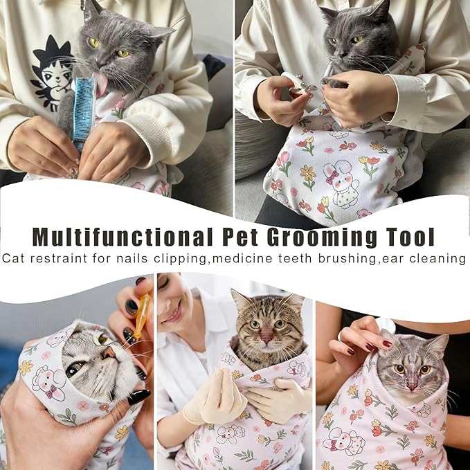 Cat Wrap for Cutting Nails, Self-Adhesive Cat Grooming Wrap Anti-Escape Anti-Scratch Calming Cat Swaddle Wrap for Nail Clipping, Medicine, Ear Cleaning, Multifuctional Pet Tool for Cat-Owner, Vet