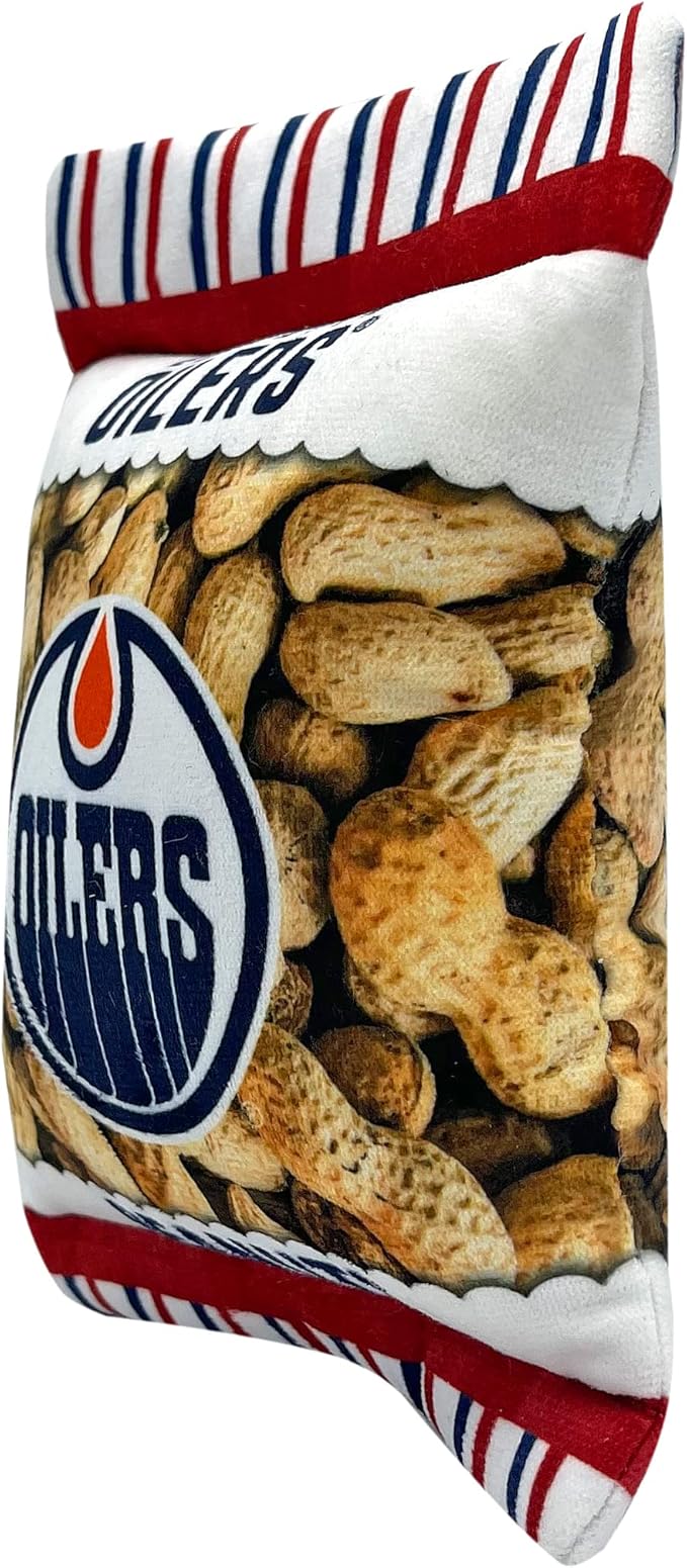 Pets First NHL Edmonton Oilers Crinkle Fine Plush Dog & Cat Squeak Toy - Cutest Stadium Peanuts Snack Plush Toy for Dogs & Cats with Inner Squeaker and Beautiful Hockey Team Name/Logo