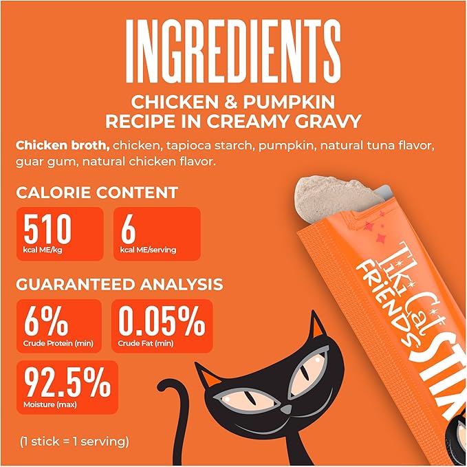 Tiki Cat Friends Stix Mousse Treats, Single Serve Lickable Treat or Dry Food Topper, with Chicken & Pumpkin in Gravy, 1.6 oz. Pouch