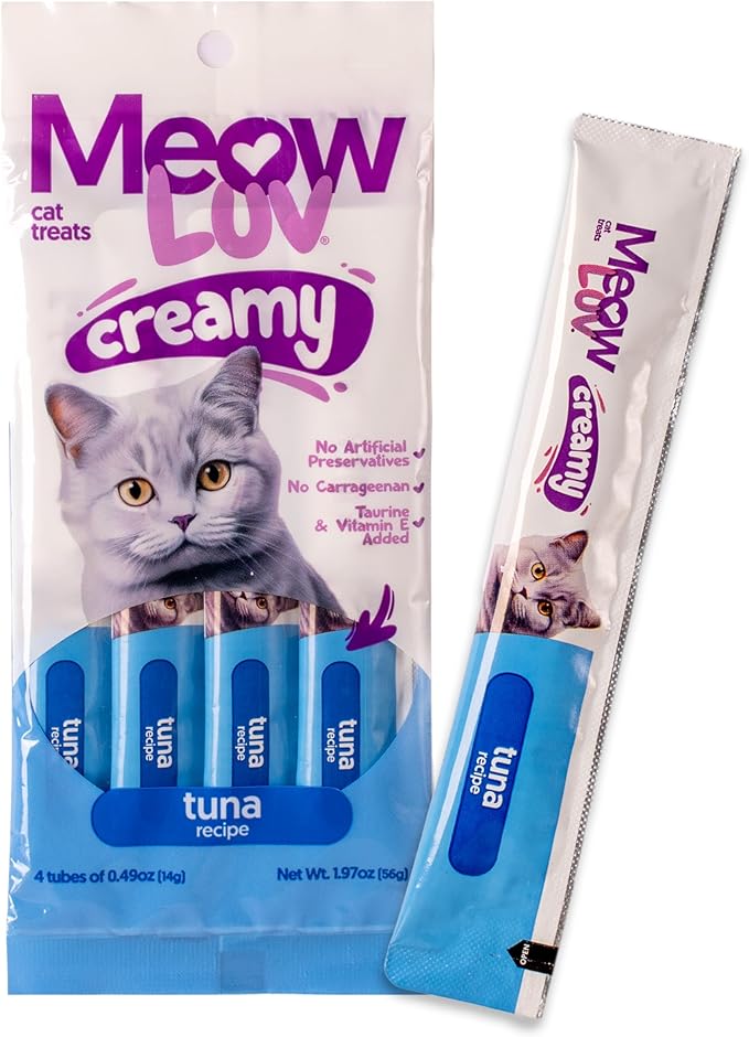 Ultra Chewy Meow Luv Lickable Cat Treats — Tuna Flavor Squeeze Tubes — Carrageenan Free, No Artificial Preservatives — Prebiotic Fiber, L-Taurine & Milk Thistle — 0.5 oz Tubes, Pack of 10