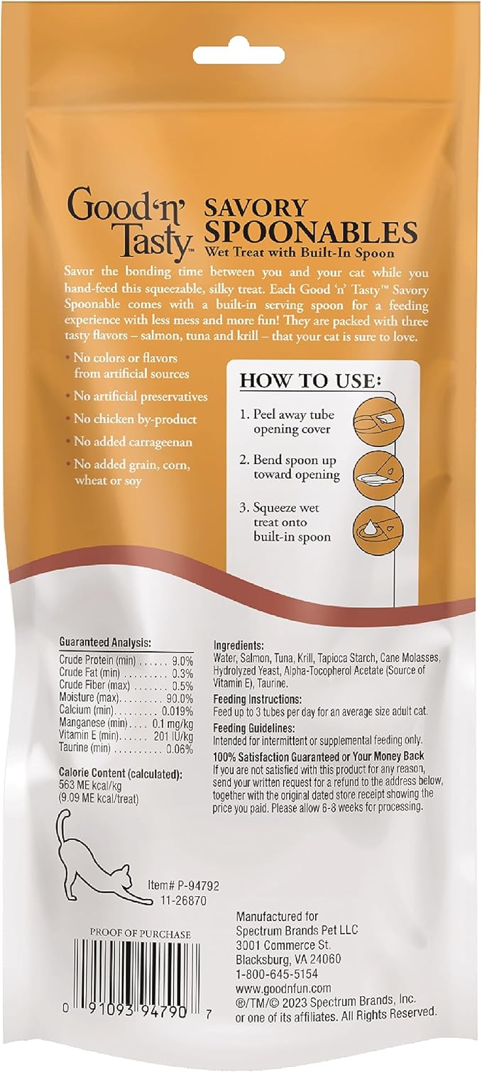 Good 'N' Tasty Savory Spoonables with Real Salmon, Tuna & Krill, 6 Count Tube, Triple Flavor Squeezable Lickable Wet Treats for Cats with Built-in Spoon for Less Mess