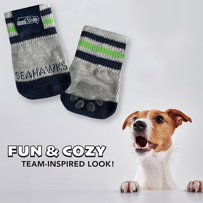 NFL SEATTLE SEAHAWKS Anti Slip Dog Socks with Elastic Ribbed Top, Size X-Small/Small. Indoor/Outdoor Socks, Best Dog Paw Protector, 2 pairs, Cool Puppy Supplies with NFL Logo of SEAHAWKS Football Team