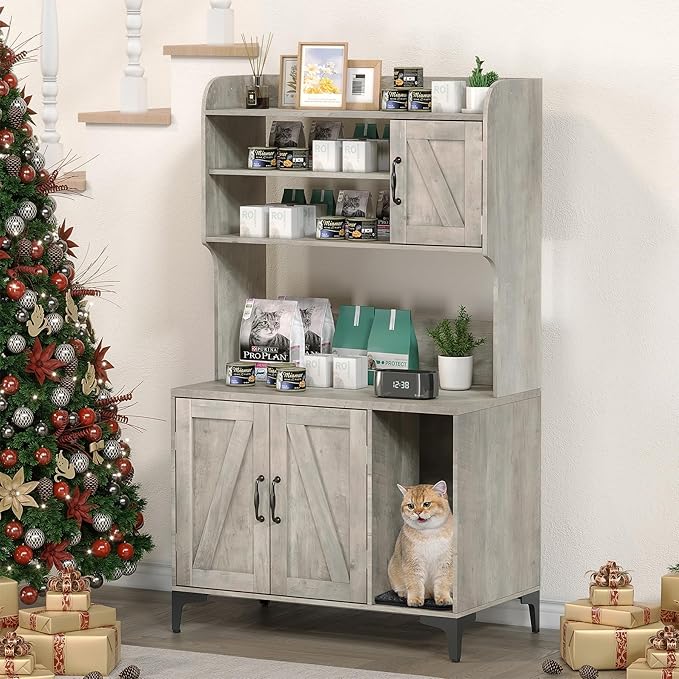 GarveeLife Cat Litter Box Enclosure with Shelves, Litter Box Cabinet, Hidden Cat Box Furniture with Scratching Mat, Wood Sturdy Cat Washroom Storage, Indoor Cat House,Grey