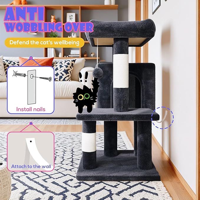 SHA CERLIN 29in Cat Tree for Indoor Cats, Multi-Level Cat Tower with Large Perch, Cozy Condo, Playful Toy Balls, Sisal Scratching Posts, Stable Pet Furniture Activity Center, Space-Saving, Dark Grey