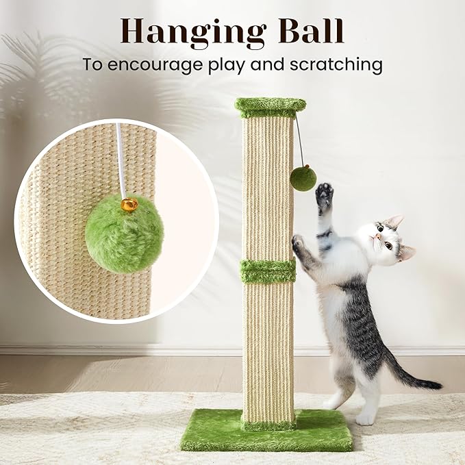 Fansafurn Tall Cat Scratching Post, 32'' Heavy Duty and Thick Scratching Post, Scratching Post for Adult Cats, Thick Sisal Rope with Hanging Ball, Green