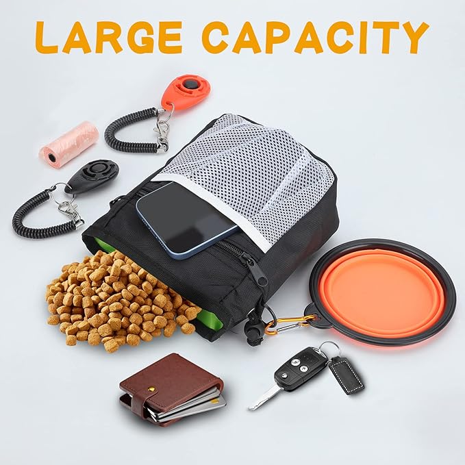Dog Treat Pouch for Pet Training, 3-Way Wear Training Bag with 2 Clickers, Collapsible Bowl & Poop Bag, Large Capacity Dog Training Kit with Adjustable Waist Belt/Shoulder Strap for Walking