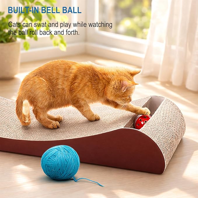 FluffyDream Cat Scratcher Cardboard, Scratching Pad House Bed Furniture Protector, Infinity Shape, Curved (Brown, Bone + Bell)