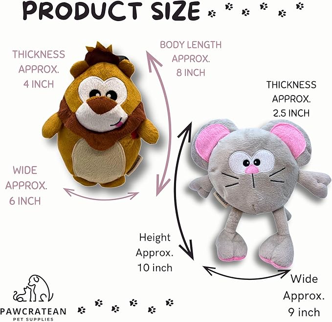 7" Squeaky Plush Toy For Puppies Small Dogs Self Etertainment Washable Soft High Quality Made [PET ONLY] (Mouse & Lion)