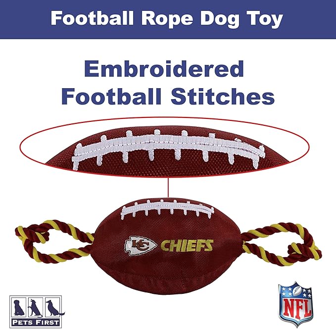 Pets First NFL Kansas City Chiefs Football Dog Toy, Tough Quality Nylon Materials, Strong Pull Ropes, Inner Squeaker, NFL Team Color