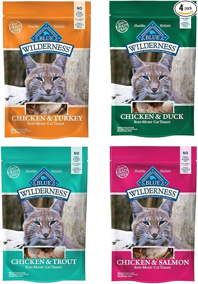Blue Buffalo Wilderness Soft-Moist Grain-Free Cat Treats Variety Pack - 4 Flavors (Chicken & Duck, Chicken & Trout, Chicken & Salmon, and Chicken & Turkey) - 2 Oz Each (4 Total Pouches)