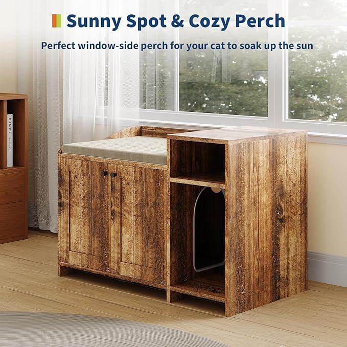 Garvee Cat Litter Box Enclosure Furniture Wooden Hidden Litter Box Cabinet with Vent Door Left Side Storage Drawer Shelf Small Storage Cabinet Raised Legs Top Protectors