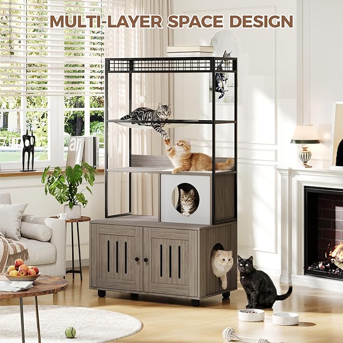 Garvee Cat Litter Box Enclosures with Storage Rack, Enclosed Litter Box Furniture, Hammock, Sisal Balls and Cat Scratching Mat