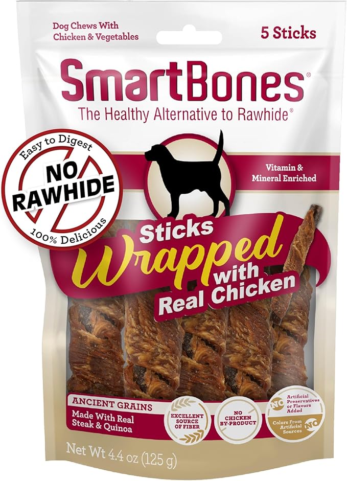 SmartBones Sticks Wrapped with Real Chicken, Steak and Quinoa Rawhide-Free Chews for Dogs, 5 Chews Per Pack, 4.4 Ounces