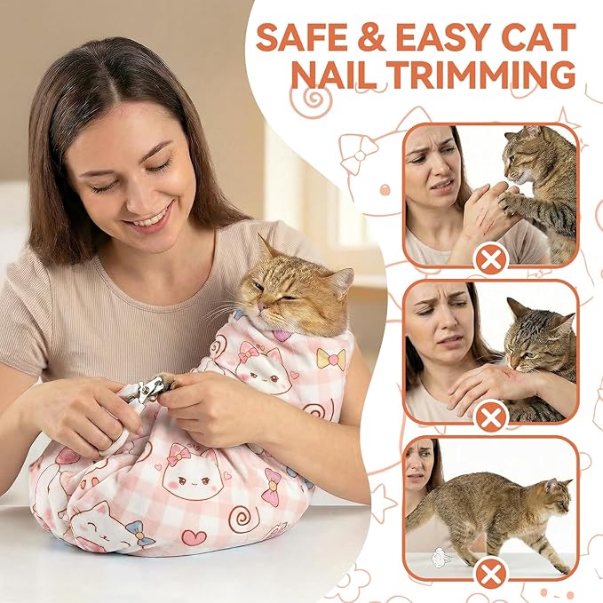 BFNN Cat Grooming Wrap for Cutting Nails, 31.5" Anti-Escape Calming Cat Swaddle Wrap for Medicine, Nail Clipping, Teeth Brushing, Ear Cleaning, Self-Adherent Burrito Restraint, (Happy Kitty, XL)