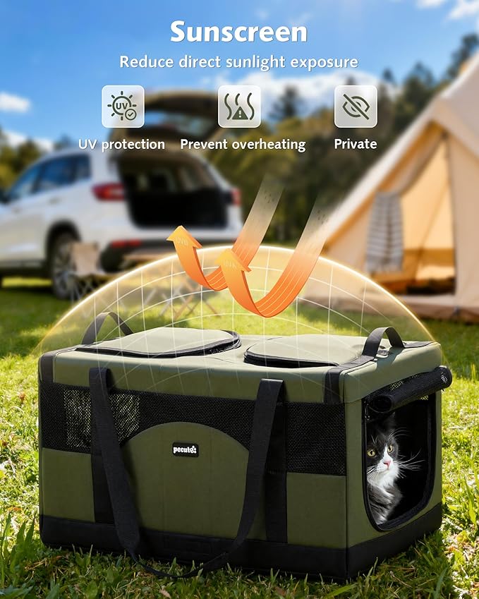 Pecute Dual Compartment Pet Carrier for Multi-Cat Families & Small Dog Owners, Collapsible Dog Crate with Reinforced Steel Frame, Car Safety Design for Travel, Vet Visits & Home Use, Green