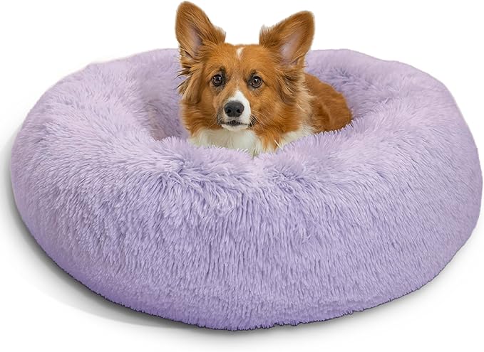 Best Friends by Sheri The Original Calming Donut Dog Bed for Medium Dogs up to 45 lbs, Shag Faux Fur, Lavender, 30" x 30"