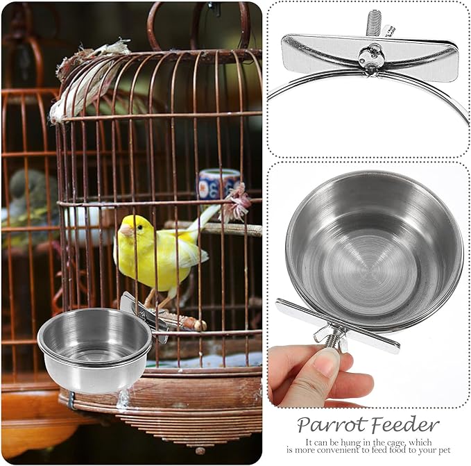 Abaodam 3pcs Stainless Steel Parrot Food Bowls with Water Cups, Small 10cm Feeding Basin Set for Bird Cage, Cockatiels Feeder and Bird Water Holder Accessory