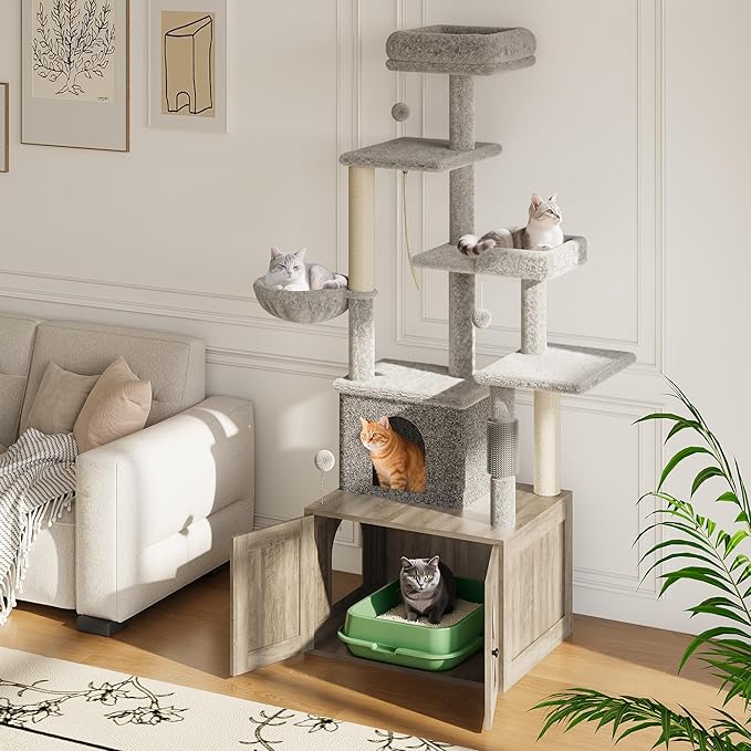 GarveeLife Litter Box Enclosure with Cat Tree, 2-in-1 Modern Cat Tower, Hidden Washroom Furniture, Wood Cat Condo with Scratching Post and Hammock, Indoor Pet Furniture with Multiple Platform, Grey