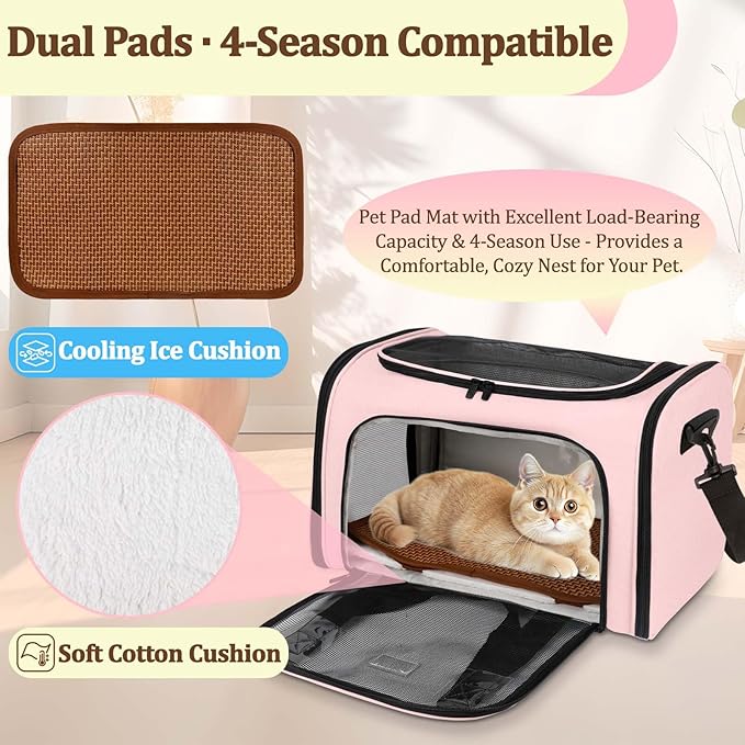 Cat Carrier Dog Carrier - Soft-Sided Cat Carrier with Plush Pad & Cooling Mat, Easy-Load 4-Side Zipper & 3-Side Mesh Ventilation, Pet Carrier Airline Approved for Cats/Dogs Up to 16 lbs, Pink