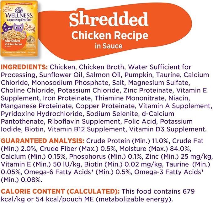 Wellness Appetizing Entrées Shredded Adult Wet Cat Food, Natural, Protein Rich, Grain Free, Chicken Recipe, 2.8 oz, Pack of 8 Pouches