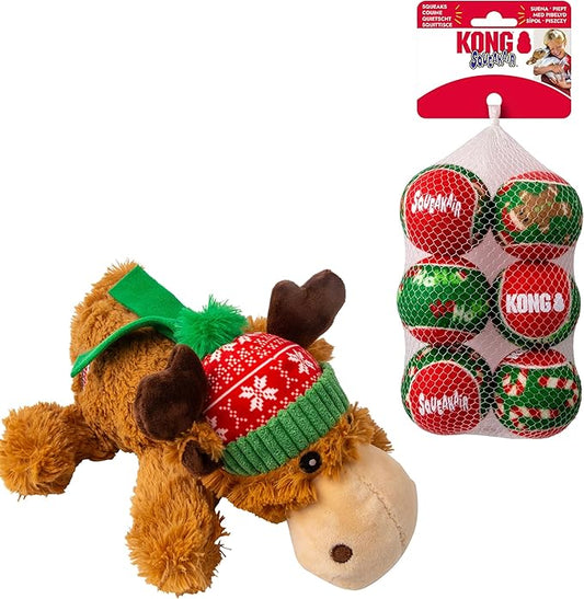 KONG Christmas Dog Toys - Combo Pack for Medium and Large Sized Dogs (Cozie Reindeer/Tennis Balls)