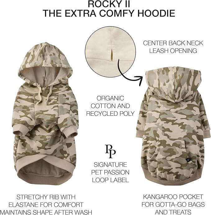 Pet Passion Rocky II - The Extra Comfy Hoodie, Organic Cotton and Recycled Poly Dog Hoodie Pet Coat Sweater for Small, Medium, Large Dogs, Sage Camo, Small (10-25 lbs)