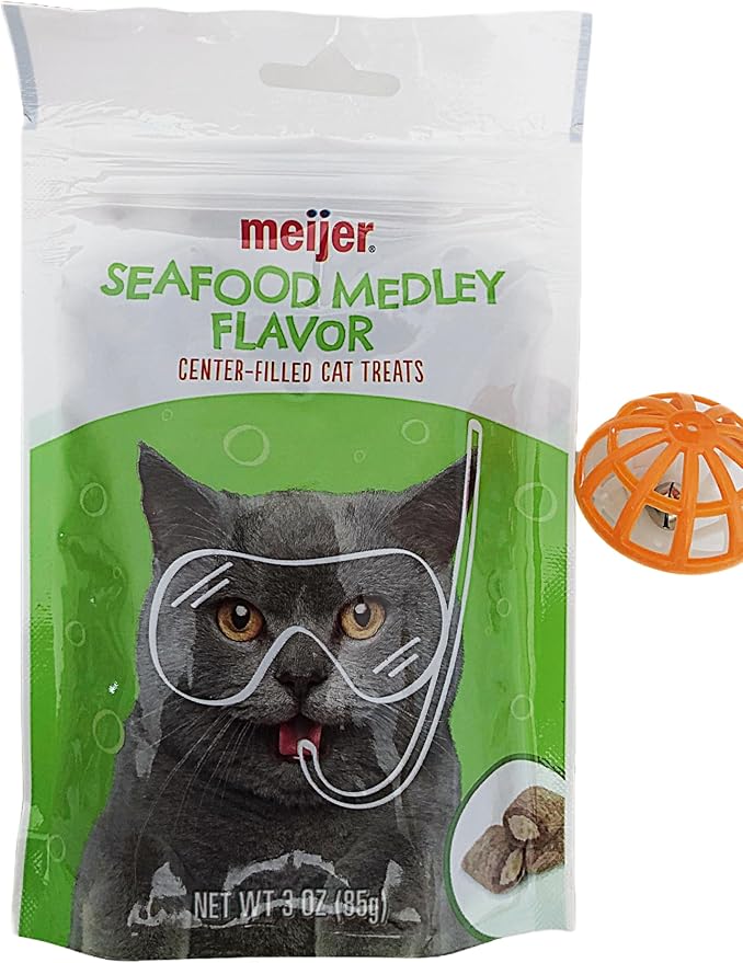 Meijer Center Filled Cat Treats Variety to Choose from 1-3 oz Bag Plus Cat Toy (Will Vary) (Seafood Medley)