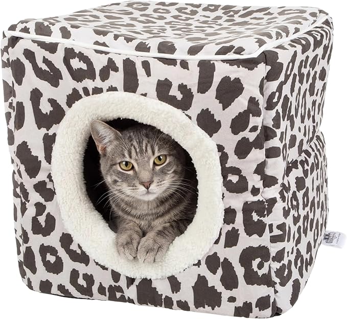 Cat House - Indoor Bed with Removable Foam Cushion - Cat Cave for Puppies, Rabbits, Guinea Pigs, and Other Small Animals by PETMAKER (Animal Print)