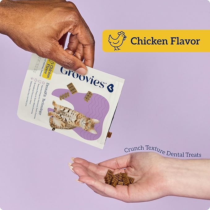 Groovies Cat Daily Dental Treats. Tasty, Crunchy Bites Cats Love. Chicken Flavor. Powered by USA-Patented DentalFit Technology. No Added Gluten, No Artificial Flavors or Colors. 1.76oz (115 Treats)