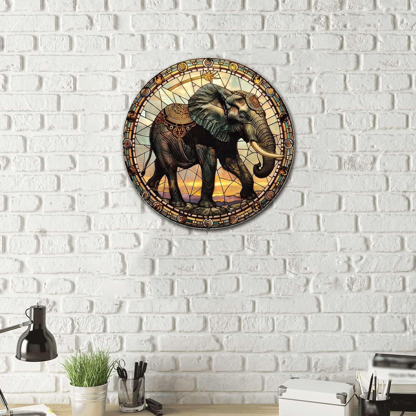 Lygond Metal Sign Tin Sign Circular Stained Glass Elephant Garden Tin Sign for Yard 8×8 Inches