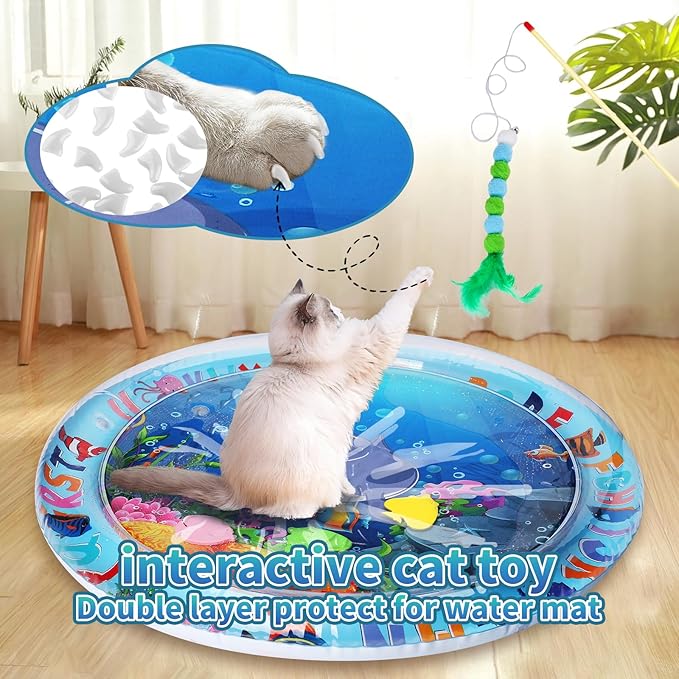 Cat Water Mat,Upgrade 0.5mm Thickened Anti-Scratch Cat Water Sensory Play Mat,Unbreakable Interactive Cat Playing Stuff,Comfort Water Play mat for Cats,Cat Play Mat with Wand Random Color