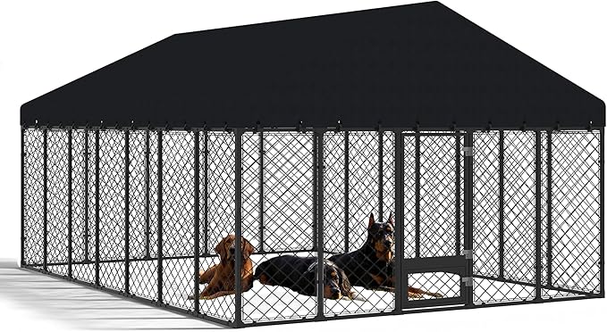 10x14FT Dog Kennel Outdoor with Roof - Heavy Duty Metal Fence Playpen for Large Dogs, Weatherproof Enclosure with Double Lock Gate & Feeding Swivel Door
