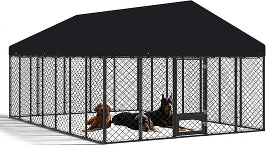 10x14FT Dog Kennel Outdoor with Roof - Heavy Duty Metal Fence Playpen for Large Dogs, Weatherproof Enclosure with Double Lock Gate & Feeding Swivel Door