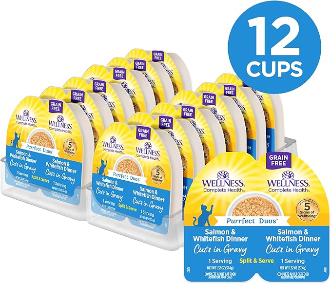 Wellness Complete Health Purrfect Duos Cuts in Gravy Adult Wet Cat Food, Natural, Protein Rich, Grain Free, Salmon and Whitefish Dinner Recipe, 2.64 oz, Pack of 12 Split Cups