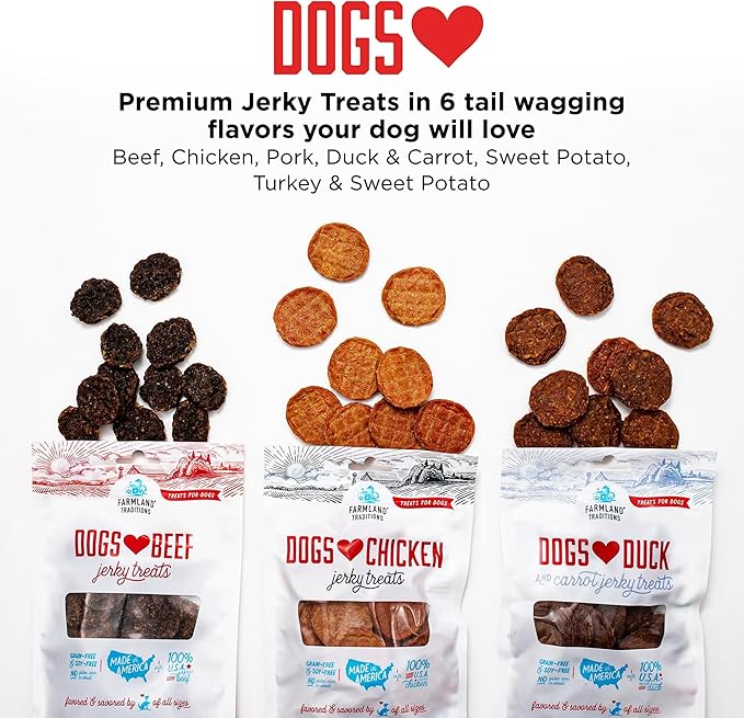 Farmland Traditions Dogs Love Chicken Jerky Dog Treats, Premium Two-Ingredient Dog Jerky with USA-Raised, Human-Grade Chicken & No Antibiotics Ever, 1 Pound (Pack of 2) Bag.